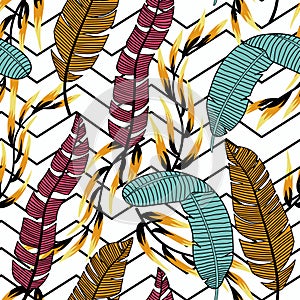 Trendy abstract seamless pattern with colorful tropical leaves and plants on a white background. Vector design. Jungle print. Flor photo