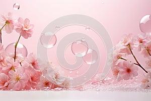 Trendy Abstract Spring Summer Nature Background with Texture, Splashes of Foam, Bubbles, Pink Podium, and Flowers AI Generated