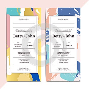 Trendy abstract wedding invitation cards templates. Modern luxury romantic greeting cards layout with artistic brush stroke