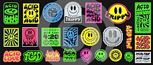 Trendy Acid Stickers Collection. Rave Art Pattern. Trippy Parches Vector Design. Smile Elements