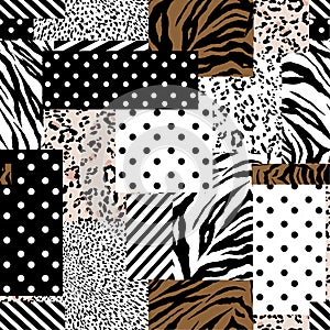 Trendy animal skin mixed with geometric pattern ,polka dots and stripe in modern patchwork collage style seamless design