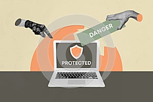 Trendy art creative full zine photo collage of hacker hands hold danger bug spyware laptop decoding device antivirus photo