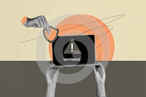 Trendy art creative full zine photo collage of hacker hands hold danger bug spyware laptop decoding device antivirus photo