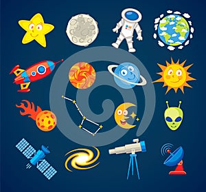 Trendy astronomy icons. Funny cartoon character