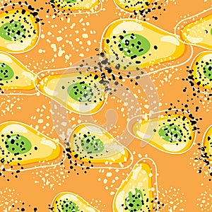 Trendy avocado seamless pattern on dots background. Vegetarian healthy food backdrop