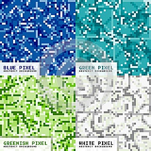 trendy background of 4 Seamless pixel art with green, greenish or light green, blue, white colors. can be used for textile,