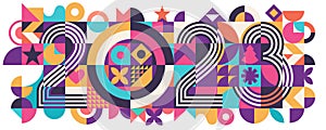 Trendy bauhaus 2023 typography. Happy New Year 2021 Business Greeting Card, illustration concept for creating background