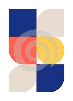 Trendy bauhaus pattern poster. Vector geometric color shapes in blue, beige, yellow and red colors. Simple abstract