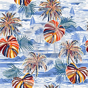 Trendy Beautiful seamless palm leaves island pattern on monotone Landscape with palm trees,beach and ocean  vector hand drawn