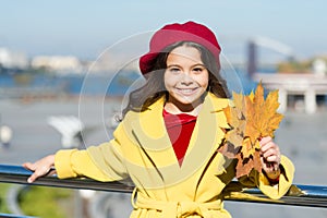 Trendy beauty. school time. maple syrup. canada. happy small girl. autumn kid fashion. child maple leaf. kid in french