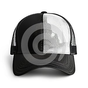 Trendy black and white mesh trucker hat isolated on white background, Ai Generated