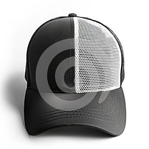 Trendy black and white mesh trucker hat isolated on white background, Ai Generated