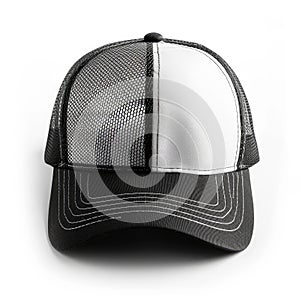 Trendy black and white mesh trucker hat isolated on white background, Ai Generated