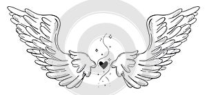 Trendy black and white vector illustration with angel wings, heart, swirls.