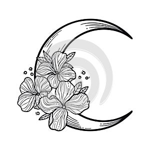Trendy black and white vector illustration with crescent moon, flowers, leaves.