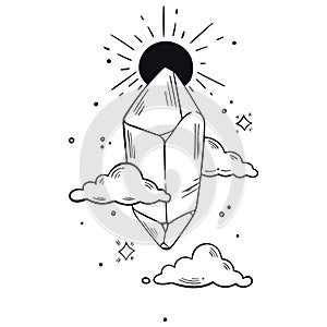 Trendy black and white vector illustration with crystal, sun, clouds, stars.