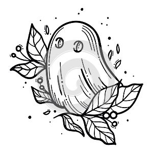 Trendy black and white vector illustration with cute ghost, leaves.