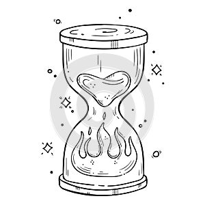 Trendy black and white vector illustration with hourglass, fire, stars.