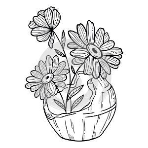 Trendy black and white vector illustration with sunflower, flowers, broken vase.