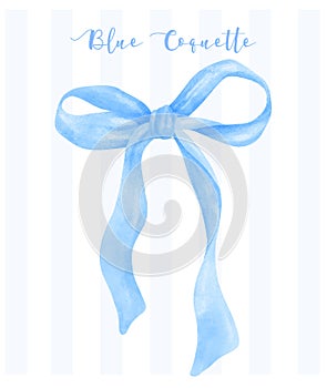 Trendy Blue Coquette ribbon bow Watercolor hand painting soft pastel