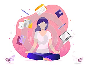 Trendy business yoga concept illustration. Office meditation, self-improvement, controlling mind a