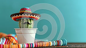 Trendy Cactus with Mustache and Colorful Mexican Hat