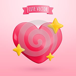 Trendy Cartoon 3d Valentines illustration. Realistic 3d render red heart with shine gold sparkle stars on pink