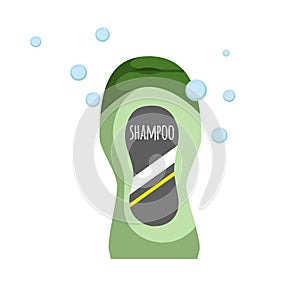 Trendy cartoon green bottle with shampoo or shower gel. Hygiene and hair care vector illustration.