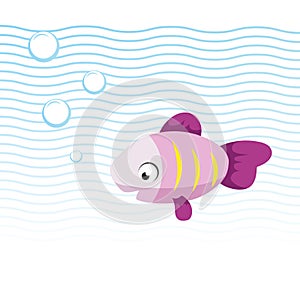 Trendy cartoon pink smiling fish swimming underwater. Blue waves and bubbles.