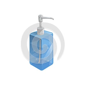 Trendy cartoon style liquid soap transparent blue bottle with dispenser and bubbles. Every day hygiene and health care vector illu