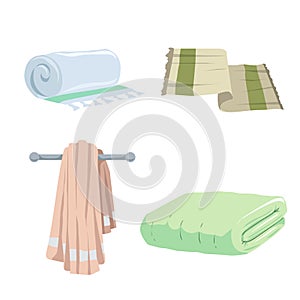 Trendy cartoon style towels cion set. Bath, home, hotel flat symbols.