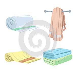 Trendy cartoon style towels icons set. Bath, home, hotel flat symbols.