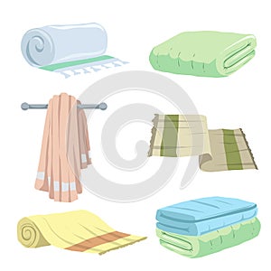 Trendy cartoon style towels icons set. Bath, home, hotel flat symbols. Vector hygiene illustration