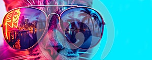 Trendy cat with mirrored sunglasses. Cool vacation vibes. Trendy fashionable neon colors