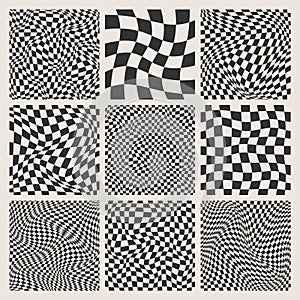 Trendy checkered pattern, black and white distorted tiled grid. Wavy curved backdrop, distortion effect. Funky geometric