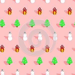 Trendy Christmas pattern. Xmas winter decoration backgrop. Christmas tree and gift. Snowman pastel color background. New Year