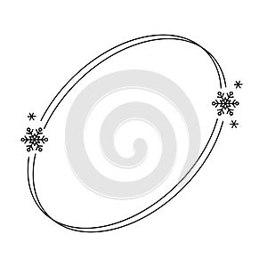 Trendy christmas winter linear oval frame with snowflake, Modern minimalist aesthetic line elements, geometric forms