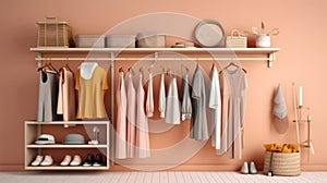 Trendy clothes in racks and chests of drawers in a modern dressing room. Generative AI