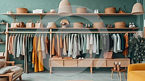Trendy clothes in racks and chests of drawers in a modern dressing room. Generative AI