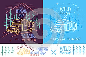 Trendy collection of two illustrations with trees, van, road and mountains on dark background. Can be used for print