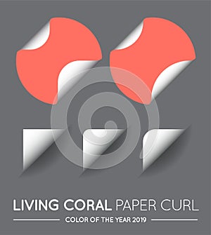 Trendy Color Coral Vector Round Circle with Paper Curl with Shadow Isolated Set photo
