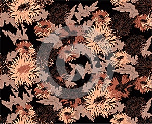 Trendy color floral seamless pattern with flowers silhouettes and leaves.