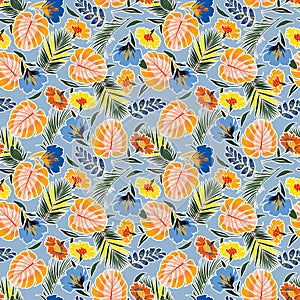 Trendy Colorful and bright summer hand drawn seamless pattern with leaves flowers ,tropical monstera , foliage , Background with