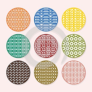 Trendy colorful modern abstract circle and round art deco pattern emblems decoration set on pink