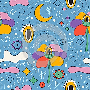 Trendy colorful retro seamless pattern with fantasy shapes, lines, flowers, eyes, stars, clouds, crescent moon