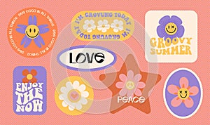 Trendy colorful set stickers with smiling face daisy and hippy easthetic text. Collection of geometirc shapes, positive