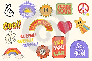 Trendy colorful set stickers with smiling face and text. Collection of cartoon shapes, positive slogans.