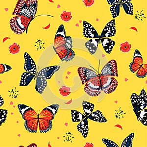 Trendy colorful summer butterflies flying ,lady bug,insect seamless pattern vector scattered repeat for fashion