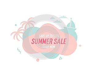 Trendy colorful summer sale banner with palmtrees, boat and waves.. Vector geometric template liquid and wavy shapes with smooth