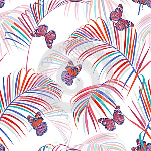 Trendy colorful tropical and palm leaves with butterflies flying seamless pattern vector design for fashion, fabric and all prints